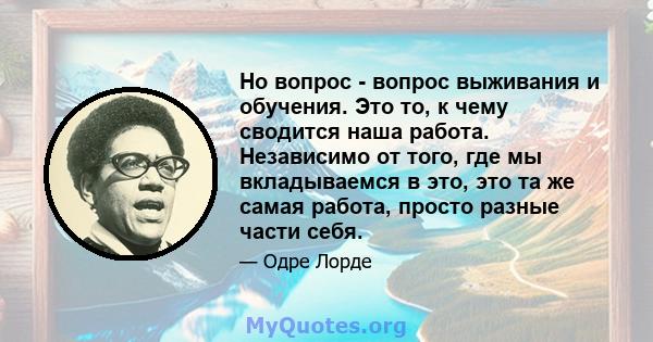 Но вопрос - вопрос выживания и обучения. Это то, к чему сводится наша работа. Независимо от того, где мы вкладываемся в это, это та же самая работа, просто разные части себя.