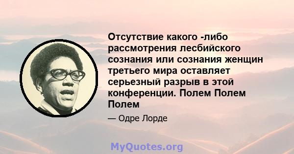 Отсутствие какого -либо рассмотрения лесбийского сознания или сознания женщин третьего мира оставляет серьезный разрыв в этой конференции. Полем Полем Полем