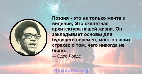 Поэзия - это не только мечта и видение; Это скелетная архитектура нашей жизни. Он закладывает основы для будущего перемен, мост в наших страхах о том, чего никогда не было.