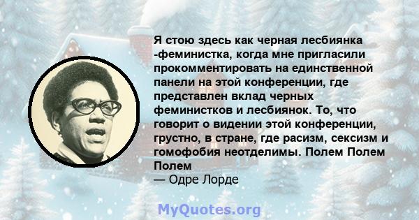 Я стою здесь как черная лесбиянка -феминистка, когда мне пригласили прокомментировать на единственной панели на этой конференции, где представлен вклад черных феминистков и лесбиянок. То, что говорит о видении этой