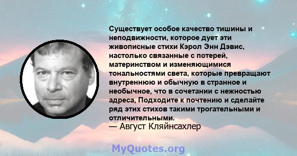 Существует особое качество тишины и неподвижности, которое дует эти живописные стихи Кэрол Энн Дэвис, настолько связанные с потерей, материнством и изменяющимися тональностями света, которые превращают внутреннюю и