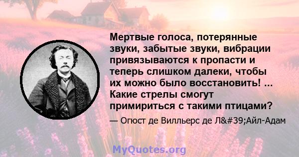 Мертвые голоса, потерянные звуки, забытые звуки, вибрации привязываются к пропасти и теперь слишком далеки, чтобы их можно было восстановить! ... Какие стрелы смогут примириться с такими птицами?