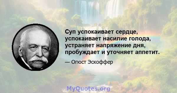 Суп успокаивает сердце, успокаивает насилие голода, устраняет напряжение дня, пробуждает и уточняет аппетит.