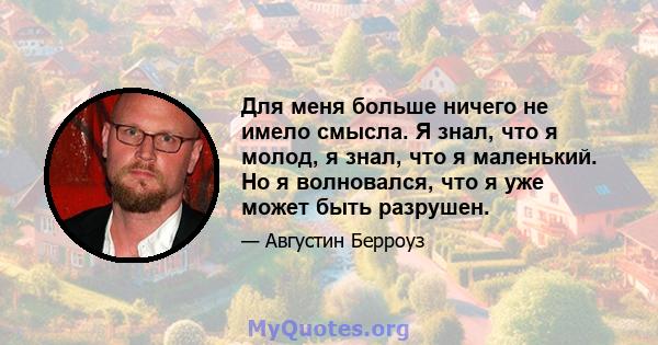 Для меня больше ничего не имело смысла. Я знал, что я молод, я знал, что я маленький. Но я волновался, что я уже может быть разрушен.