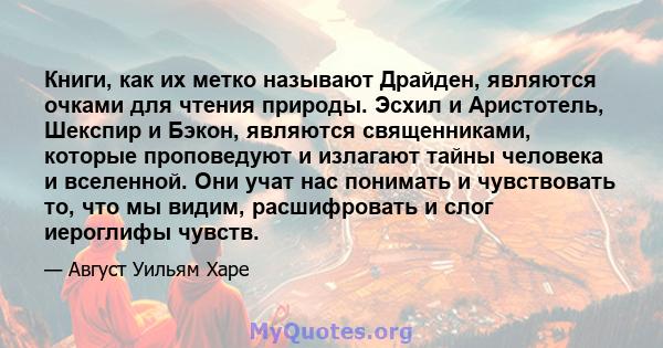 Книги, как их метко называют Драйден, являются очками для чтения природы. Эсхил и Аристотель, Шекспир и Бэкон, являются священниками, которые проповедуют и излагают тайны человека и вселенной. Они учат нас понимать и