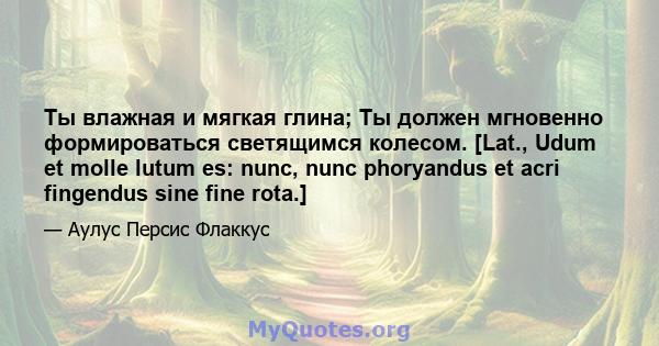 Ты влажная и мягкая глина; Ты должен мгновенно формироваться светящимся колесом. [Lat., Udum et molle lutum es: nunc, nunc phoryandus et acri fingendus sine fine rota.]