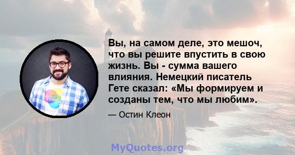 Вы, на самом деле, это мешоч, что вы решите впустить в свою жизнь. Вы - сумма вашего влияния. Немецкий писатель Гете сказал: «Мы формируем и созданы тем, что мы любим».