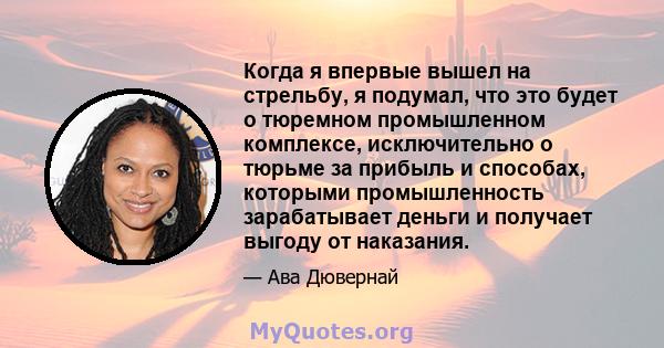 Когда я впервые вышел на стрельбу, я подумал, что это будет о тюремном промышленном комплексе, исключительно о тюрьме за прибыль и способах, которыми промышленность зарабатывает деньги и получает выгоду от наказания.