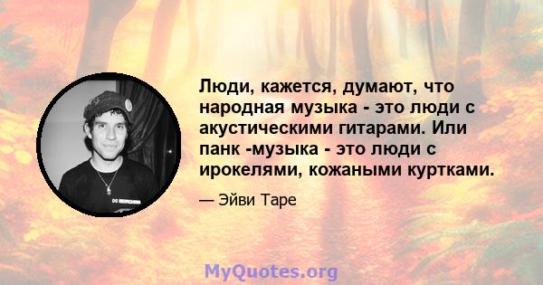 Люди, кажется, думают, что народная музыка - это люди с акустическими гитарами. Или панк -музыка - это люди с ирокелями, кожаными куртками.