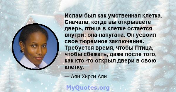 Ислам был как умственная клетка. Сначала, когда вы открываете дверь, птица в клетке остается внутри: она напугана. Он усвоил свое тюремное заключение. Требуется время, чтобы Птица, чтобы сбежать, даже после того, как