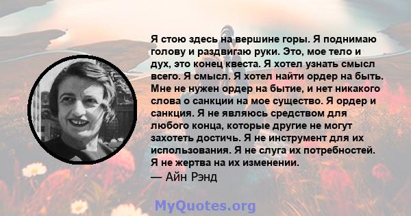 Я стою здесь на вершине горы. Я поднимаю голову и раздвигаю руки. Это, мое тело и дух, это конец квеста. Я хотел узнать смысл всего. Я смысл. Я хотел найти ордер на быть. Мне не нужен ордер на бытие, и нет никакого