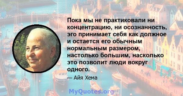 Пока мы не практиковали ни концентрацию, ни осознанность, эго принимает себя как должное и остается его обычным нормальным размером, настолько большим, насколько это позволит люди вокруг одного.