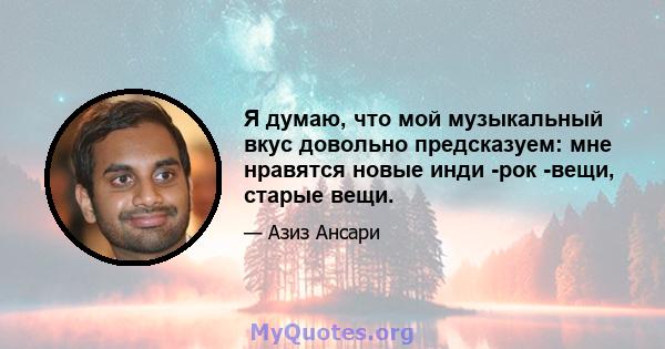 Я думаю, что мой музыкальный вкус довольно предсказуем: мне нравятся новые инди -рок -вещи, старые вещи.