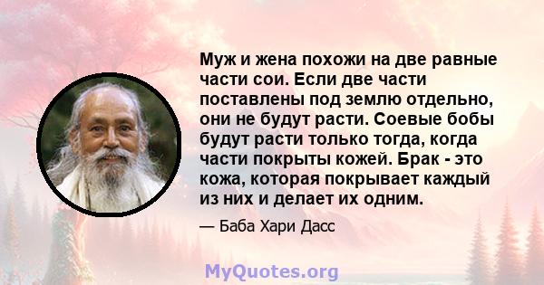 Муж и жена похожи на две равные части сои. Если две части поставлены под землю отдельно, они не будут расти. Соевые бобы будут расти только тогда, когда части покрыты кожей. Брак - это кожа, которая покрывает каждый из