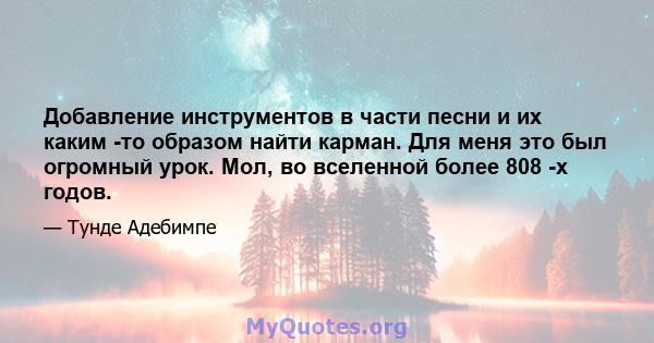 Добавление инструментов в части песни и их каким -то образом найти карман. Для меня это был огромный урок. Мол, во вселенной более 808 -х годов.