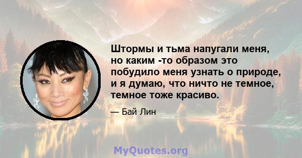 Штормы и тьма напугали меня, но каким -то образом это побудило меня узнать о природе, и я думаю, что ничто не темное, темное тоже красиво.