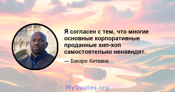 Я согласен с тем, что многие основные корпоративные проданные хип-хоп самостоятельно ненавидят.