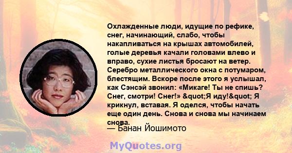 Охлажденные люди, идущие по рефике, снег, начинающий, слабо, чтобы накапливаться на крышах автомобилей, голые деревья качали головами влево и вправо, сухие листья бросают на ветер. Серебро металлического окна с