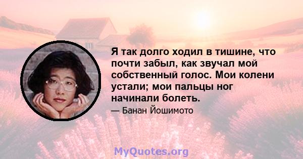 Я так долго ходил в тишине, что почти забыл, как звучал мой собственный голос. Мои колени устали; мои пальцы ног начинали болеть.