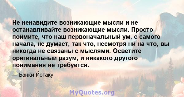 Не ненавидите возникающие мысли и не останавливайте возникающие мысли. Просто поймите, что наш первоначальный ум, с самого начала, не думает, так что, несмотря ни на что, вы никогда не связаны с мыслями. Осветите