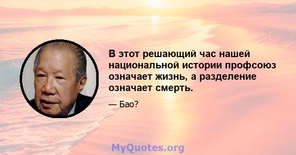 В этот решающий час нашей национальной истории профсоюз означает жизнь, а разделение означает смерть.