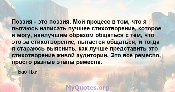 Поэзия - это поэзия. Мой процесс в том, что я пытаюсь написать лучшее стихотворение, которое я могу, наилучшим образом общаться с тем, что это за стихотворение, пытается общаться, и тогда я стараюсь выяснить, как лучше