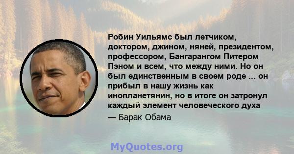 Робин Уильямс был летчиком, доктором, джином, няней, президентом, профессором, Бангарангом Питером Пэном и всем, что между ними. Но он был единственным в своем роде. Он прибыл в нашу жизнь как инопланетянин - но в итоге 