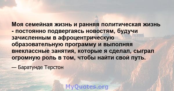 Моя семейная жизнь и ранняя политическая жизнь - постоянно подвергаясь новостям, будучи зачисленным в афроцентрическую образовательную программу и выполняя внеклассные занятия, которые я сделал, сыграл огромную роль в