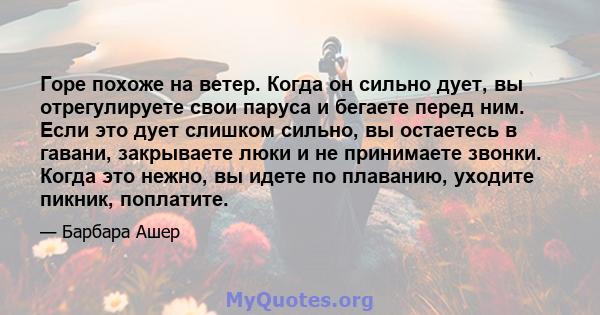 Горе похоже на ветер. Когда он сильно дует, вы отрегулируете свои паруса и бегаете перед ним. Если это дует слишком сильно, вы остаетесь в гавани, закрываете люки и не принимаете звонки. Когда это нежно, вы идете по