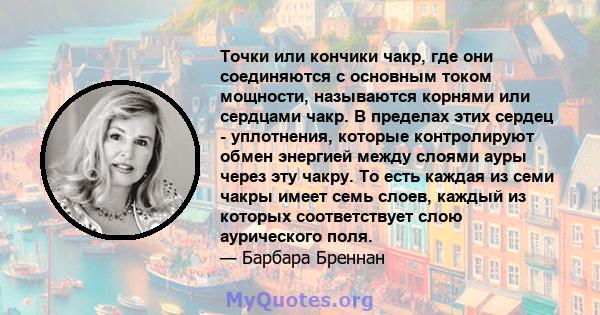 Точки или кончики чакр, где они соединяются с основным током мощности, называются корнями или сердцами чакр. В пределах этих сердец - уплотнения, которые контролируют обмен энергией между слоями ауры через эту чакру. То 