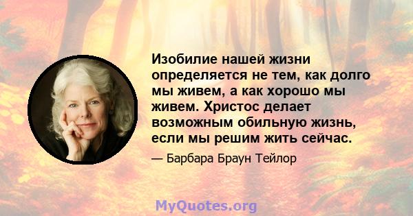 Изобилие нашей жизни определяется не тем, как долго мы живем, а как хорошо мы живем. Христос делает возможным обильную жизнь, если мы решим жить сейчас.