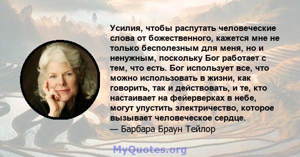 Усилия, чтобы распутать человеческие слова от божественного, кажется мне не только бесполезным для меня, но и ненужным, поскольку Бог работает с тем, что есть. Бог использует все, что можно использовать в жизни, как