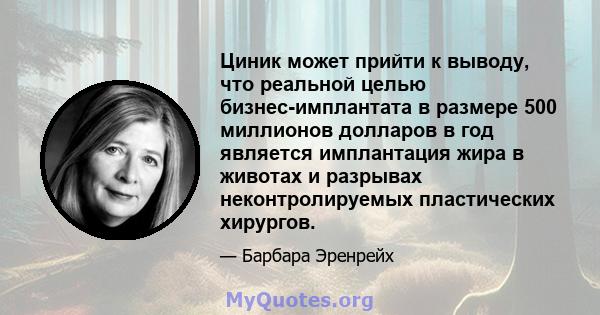 Циник может прийти к выводу, что реальной целью бизнес-имплантата в размере 500 миллионов долларов в год является имплантация жира в животах и ​​разрывах неконтролируемых пластических хирургов.