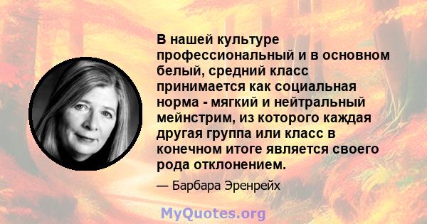 В нашей культуре профессиональный и в основном белый, средний класс принимается как социальная норма - мягкий и нейтральный мейнстрим, из которого каждая другая группа или класс в конечном итоге является своего рода