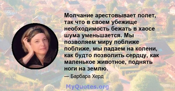 Молчание арестовывает полет, так что в своем убежище необходимость бежать в хаосе шума уменьшается. Мы позволяем миру поближе поближе, мы падаем на колени, как будто позволить сердцу, как маленькое животное, поднять