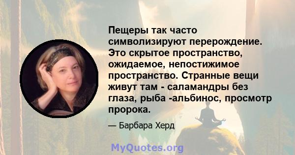 Пещеры так часто символизируют перерождение. Это скрытое пространство, ожидаемое, непостижимое пространство. Странные вещи живут там - саламандры без глаза, рыба -альбинос, просмотр пророка.