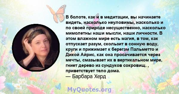 В болоте, как и в медитации, вы начинаете видеть, насколько неуловимы, насколько и по своей природе несущественно, насколько мимолетны наши мысли, наши личности. В этом влажном мире есть магия, в том, как отпускает