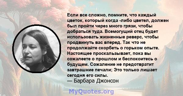 Если все сложно, помните, что каждый цветок, который когда -либо цветел, должен был пройти через много грязи, чтобы добраться туда. Всемогущий отец будет использовать жизненные реверс, чтобы продвинуть вас вперед. Так