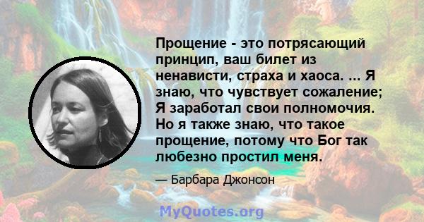 Прощение - это потрясающий принцип, ваш билет из ненависти, страха и хаоса. ... Я знаю, что чувствует сожаление; Я заработал свои полномочия. Но я также знаю, что такое прощение, потому что Бог так любезно простил меня.