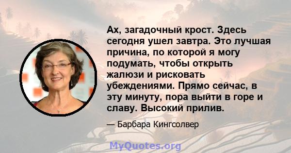 Ах, загадочный крост. Здесь сегодня ушел завтра. Это лучшая причина, по которой я могу подумать, чтобы открыть жалюзи и рисковать убеждениями. Прямо сейчас, в эту минуту, пора выйти в горе и славу. Высокий прилив.