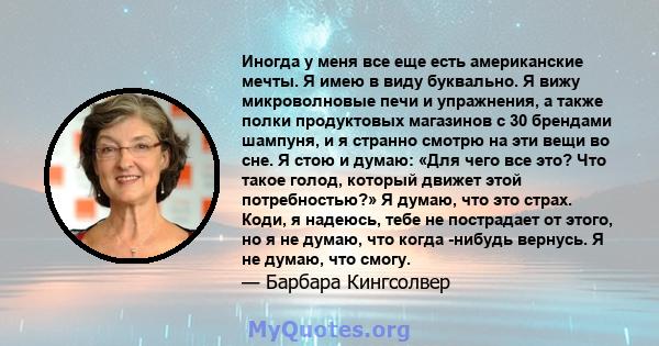 Иногда у меня все еще есть американские мечты. Я имею в виду буквально. Я вижу микроволновые печи и упражнения, а также полки продуктовых магазинов с 30 брендами шампуня, и я странно смотрю на эти вещи во сне. Я стою и