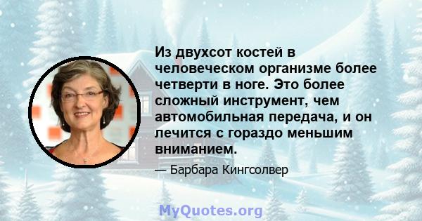 Из двухсот костей в человеческом организме более четверти в ноге. Это более сложный инструмент, чем автомобильная передача, и он лечится с гораздо меньшим вниманием.