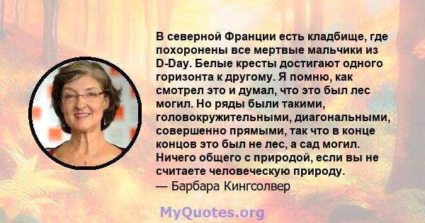 В северной Франции есть кладбище, где похоронены все мертвые мальчики из D-Day. Белые кресты достигают одного горизонта к другому. Я помню, как смотрел это и думал, что это был лес могил. Но ряды были такими,