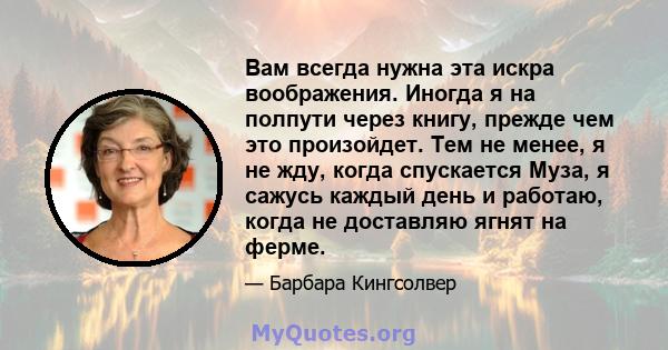 Вам всегда нужна эта искра воображения. Иногда я на полпути через книгу, прежде чем это произойдет. Тем не менее, я не жду, когда спускается Муза, я сажусь каждый день и работаю, когда не доставляю ягнят на ферме.