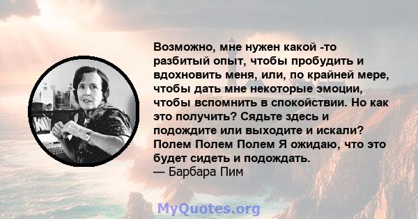 Возможно, мне нужен какой -то разбитый опыт, чтобы пробудить и вдохновить меня, или, по крайней мере, чтобы дать мне некоторые эмоции, чтобы вспомнить в спокойствии. Но как это получить? Сядьте здесь и подождите или