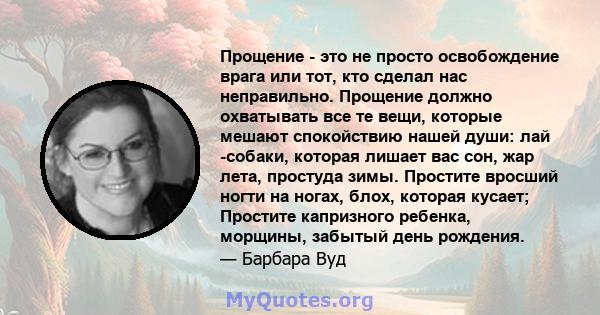 Прощение - это не просто освобождение врага или тот, кто сделал нас неправильно. Прощение должно охватывать все те вещи, которые мешают спокойствию нашей души: лай -собаки, которая лишает вас сон, жар лета, простуда