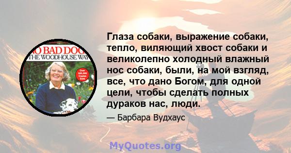 Глаза собаки, выражение собаки, тепло, виляющий хвост собаки и великолепно холодный влажный нос собаки, были, на мой взгляд, все, что дано Богом, для одной цели, чтобы сделать полных дураков нас, люди.