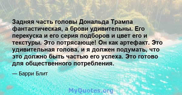 Задняя часть головы Дональда Трампа фантастическая, а брови удивительны. Его перекуска и его серия подборов и цвет его и текстуры. Это потрясающе! Он как артефакт. Это удивительная голова, и я должен подумать, что это