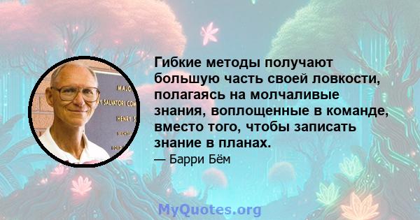 Гибкие методы получают большую часть своей ловкости, полагаясь на молчаливые знания, воплощенные в команде, вместо того, чтобы записать знание в планах.