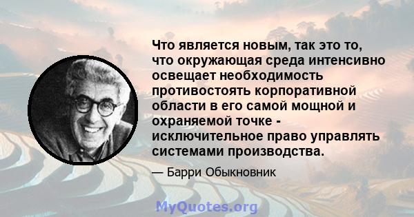 Что является новым, так это то, что окружающая среда интенсивно освещает необходимость противостоять корпоративной области в его самой мощной и охраняемой точке - исключительное право управлять системами производства.